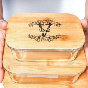 Personalised Glass Lunch Box with Bamboo Lid, Christmas Secret Santa Gift, Lunch Box for Women, Food Container For Office School Camp Picnic