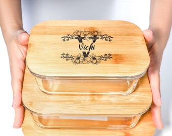 Personalised Glass Lunch Box with Bamboo Lid, Lunch Box for Women, Food Container For Office School Camp Picnic