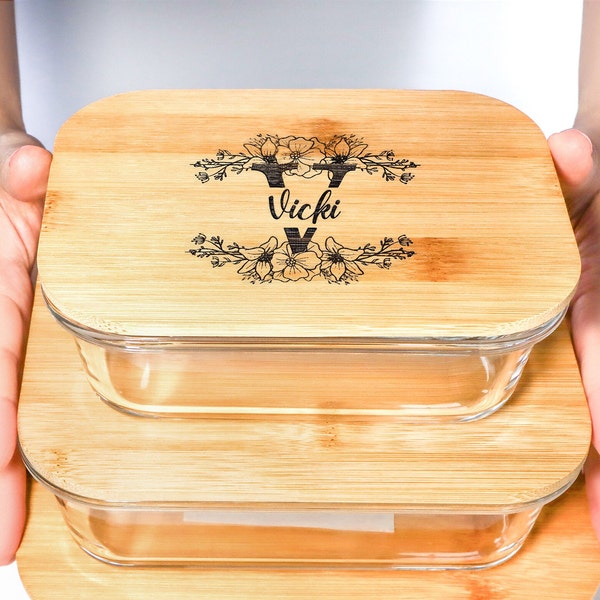 Personalised Glass Lunch Box with Bamboo Lid, Lunch Box for Women, Food Container For Office School Camp Picnic