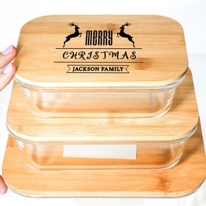 Personalised Christmas Gift, Secret Santa Glass Lunch Box with Bamboo Lid, Gift for Mom, Gift for Friends, Gift for Family, Food Container