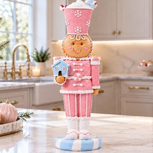 Pink Gingerbread Nutcracker Christmas Decoration, Pastel Home Decor, Frosted Candyland Tabletop Ornament, Secret Santa Gift
