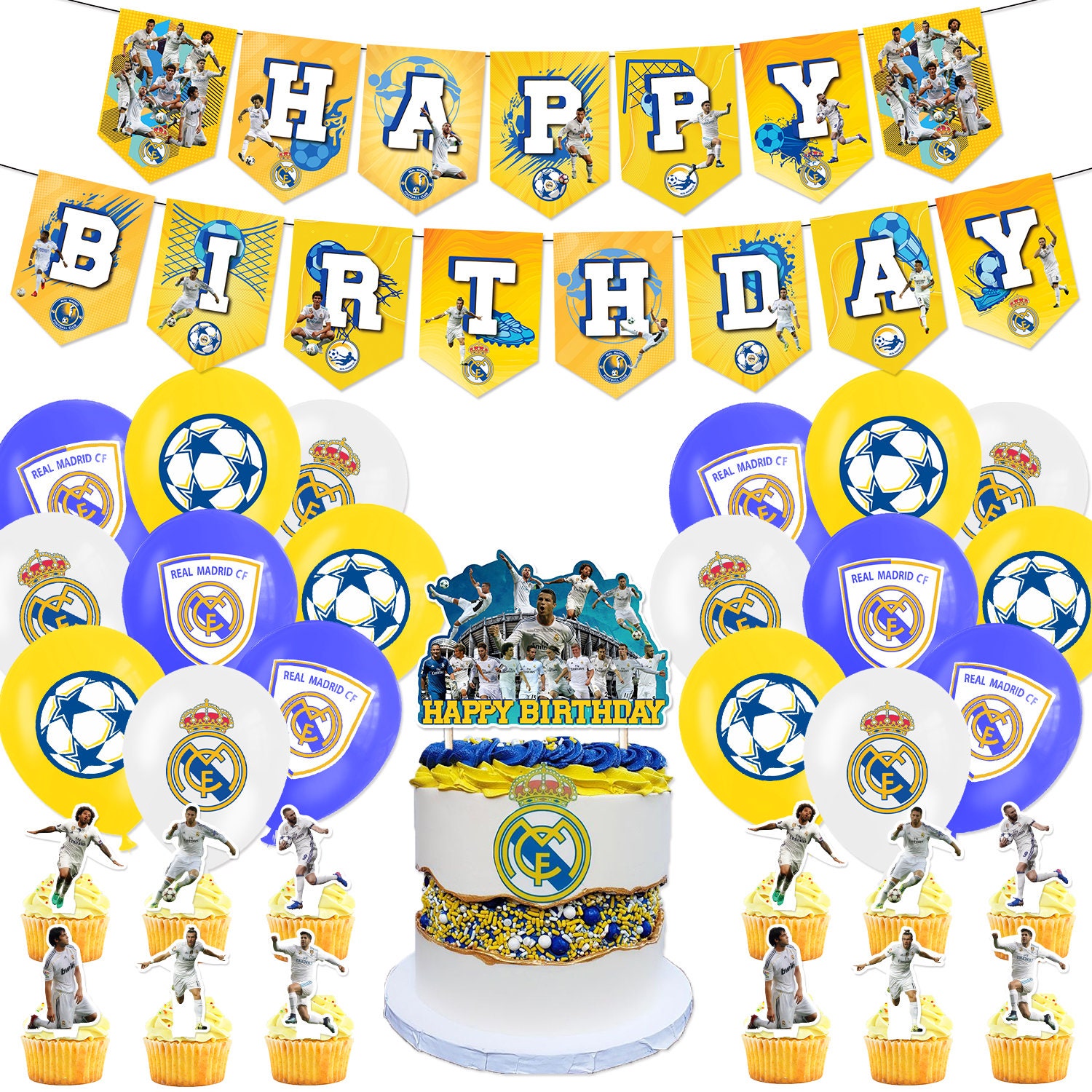 Toile de fond pour fête d'anniversaire Real Madrid CF Cristiano Ronaldo -  Décorations de fête d'anniversaire Benzema - Bannière de football -  Accessoires de fête pour garçons et enfants - 1,5 x