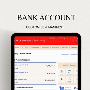 Manifestation Online Banking | Editable Bank Account Dashboard | Printable Template | Instant Download Digital File | Canva and PDF