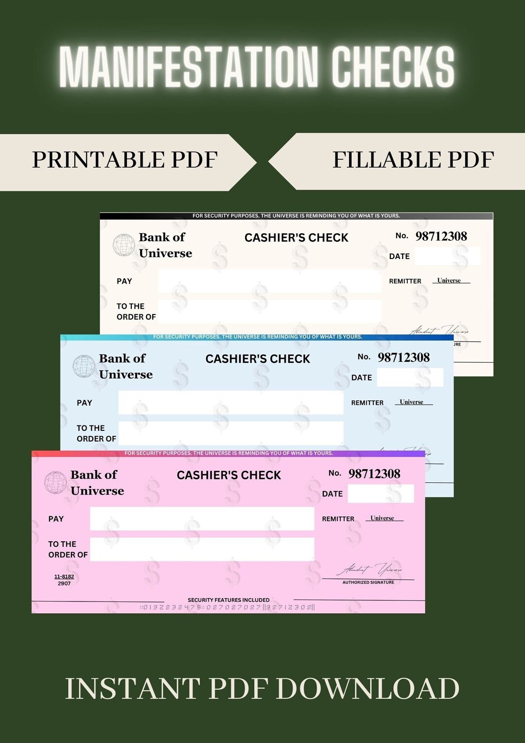Manifestation Cashier's Checks Blank Check Template - Etsy