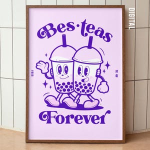 Boba Bubble Tea Drink Bestie Illustrierte, Wandkunst Modern Style, Freundschaft Poster, Einzigartiges Geschenk, Home Decor, Skurril Kunstdruck - Lila
