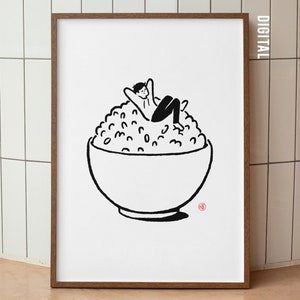 Relaxing Rice Guy -  Printable Wall Art, Black and White Modern Style, Foodie Poster, Unique Gift, Kitchen Decor, Whimsical Art Print