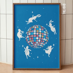Arte mural ilustrado de Disco Moon Rabbit de estilo moderno, póster de mediados de otoño, regalo único, decoración de festivales, impresión artística de celebración