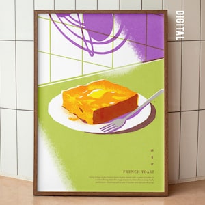 May include: A framed art print showing a vibrant illustration of French toast on a white plate with a fork. The toast is golden brown with a pat of butter. The background is green and purple with the word "DIGITAL" in white.