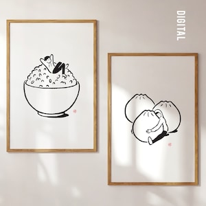 SET of 2 - Relaxing Rice Guy and Dumpling Hug - Printable Wall Art, Black and White Modern Style, Foodie Poster, Unique Gift, Kitchen Decor