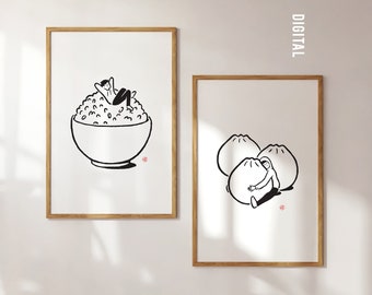 SET of 2 - Relaxing Rice Guy and Dumpling Hug - Printable Wall Art, Black and White Modern Style, Foodie Poster, Unique Gift, Kitchen Decor