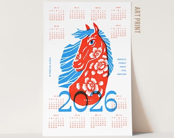 2026 Year of the Horse Calendar Art Poster | Chinese Zodiac Art Print