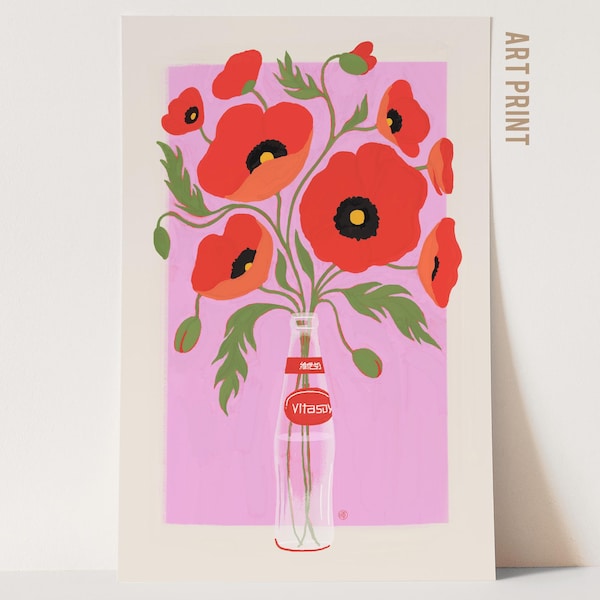 Mohnblumen in der Vitasoy Flasche Poster: Hong Kong Nostalgie, moderne florale Kunst