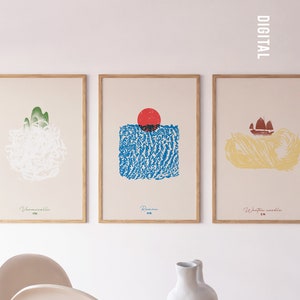 Puede incluir: Tres impresiones enmarcadas de diferentes tipos de fideos. La primera impresión es de fideos vermicelli, la segunda es de fideos ramen y la tercera es de fideos wonton. Cada impresión presenta una ilustración estilizada de los fideos sobre un fondo beige claro con el nombre del tipo de fideos escrito debajo de la ilustración.