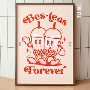 Boba Bubble Tea Drink Bestie Illustrierte, Wand Kunst Modern Style, Freundschaft Poster, Einzigartiges Geschenk, Home Decor, Kunstdruck