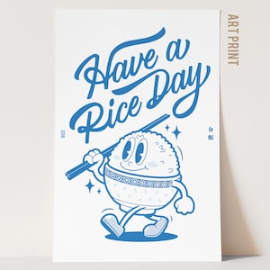 Poster da parete "Have a Rice Day", stile moderno, illustrazione gastronomica positiva, decorazioni da cucina fantasiose