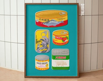 May include: A framed print featuring six different canned goods with colourful labels and illustrations. The cans are arranged in a grid pattern on a teal background. The labels include text in Japanese and English. The text on the labels includes "豆豉鯪魚", "FORTHOS", "五香肉丁", "火腿豬肉", "BAKED BEANS", and "みやぷり".