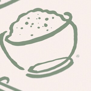 Puede incluir: Una ilustraci&oacute;n dibujada a mano de un taz&oacute;n verde lleno de una sustancia marr&oacute;n claro, posiblemente arroz o avena.