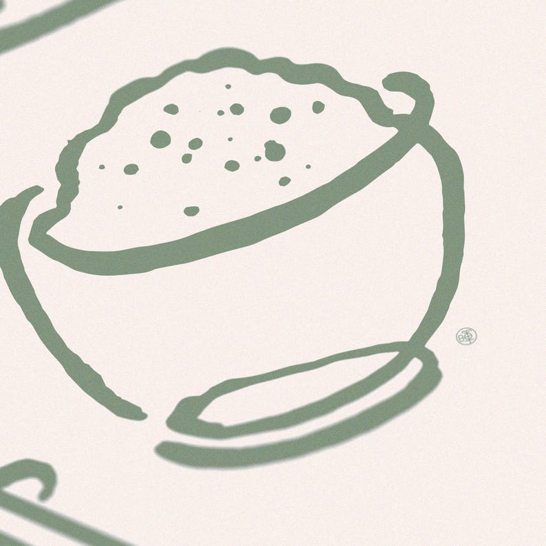 Puede incluir: Una ilustraci&oacute;n dibujada a mano de un taz&oacute;n verde lleno de una sustancia marr&oacute;n claro, posiblemente arroz o avena.