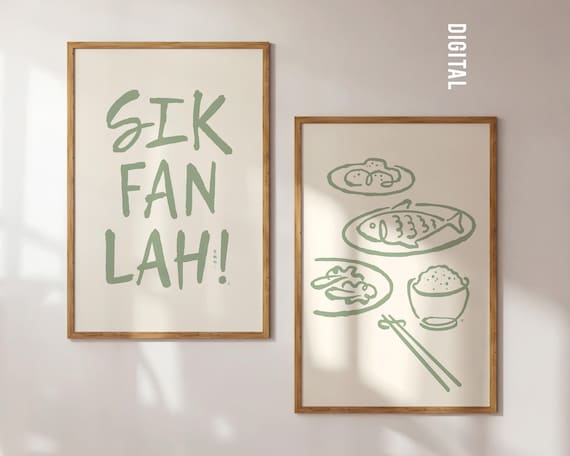 Cantonese Dinner Wall Art Prints: Sage Green Foodie Illustration (Digital Download)
