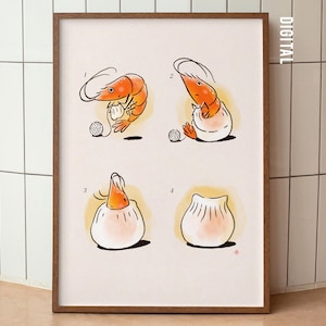 Dim Sum Har Gow Transformator Shrimpy Food Illustrierte Wandkunst Modern Style, Dim Sum Food Poster, Einzigartiges Foodie Geschenk, Küchen Dekor Kunstdruck
