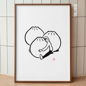 Dumpling Hug Print: Black and White Whimsical Kitchen Art (Digital Download)