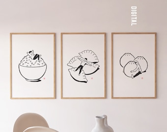 SET of 3 - Asian Comfort Food - Printable Wall Art, Black and White Modern Style, Foodie Poster, Unique Gift, Kitchen Decor
