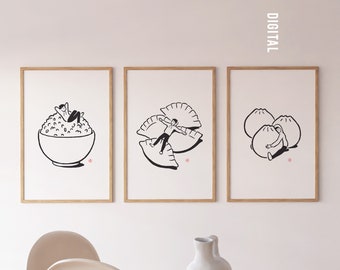 SET of 3 - Asian Comfort Food - Printable Wall Art, Black and White Modern Style, Foodie Poster, Unique Gift, Kitchen Decor