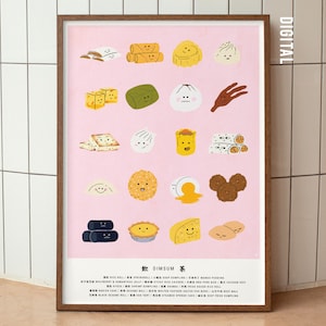Dim Sum Food Ilustrowana sztuka ścienna w nowoczesnym stylu, plakat Yum Cha Food, wyjątkowy prezent dla smakoszy, wystrój kuchni, fantazyjny wydruk artystyczny