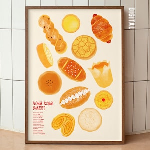 Hong Kong Bakery Food Illustrierte Wandkunst Moderner Stil, Food Poster, Einzigartiges Geschenk, Küchendekoration, Comfort Food Brot Kunstdruck