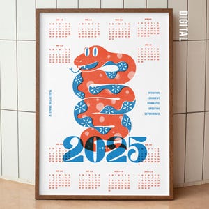 Póster del calendario 2025: Arte mural imprimible ilustrado del Año de la Serpiente, póster gráfico moderno del zodiaco chino, regalo artístico único y divertido.