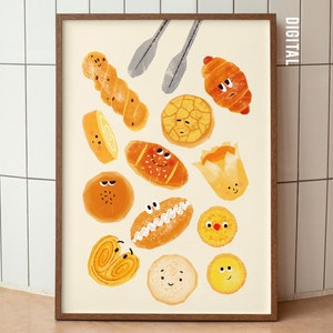 Arte de pared ilustrado con linda comida de panadería, estilo moderno, póster de comida, regalo único, decoración de cocina, impresión artística de pan de comida reconfortante