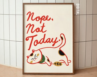 Lazy Lucky Cat Maneki Neko Art Print: Modern Asian Decor (Digital Download)