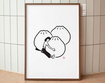 Dumpling Hug Art Print: zwart-wit grillig keukendecor (digitale download)
