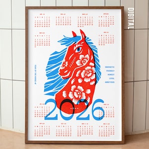 Affisch med hästens år 2026, kalenderkonst | Kinesisk zodiakkonst (digital nedladdning) bild 1
