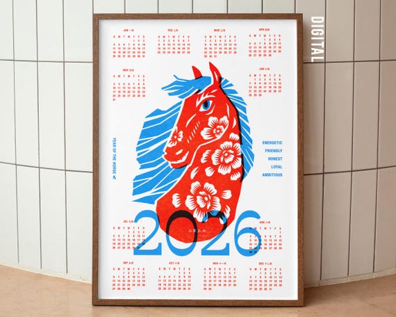 2026 Year of the Horse Calendar Art Poster | Chinese Zodiac Art (Digital Download)