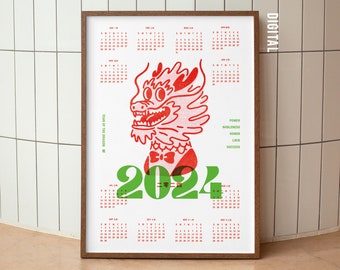 Cartel del calendario 2024 - Mr. Dragon arte de pared imprimible ilustrado, cartel gráfico del zodíaco chino moderno, regalo único divertido, impresión de arte caprichosa