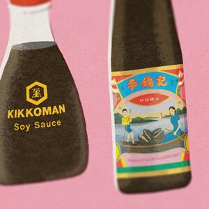 May include: Two soy sauce bottles. One bottle has a white top and a label that reads "KIKKOMAN Soy Sauce". The other bottle has a colorful label with Chinese characters and a picture of people in a boat.