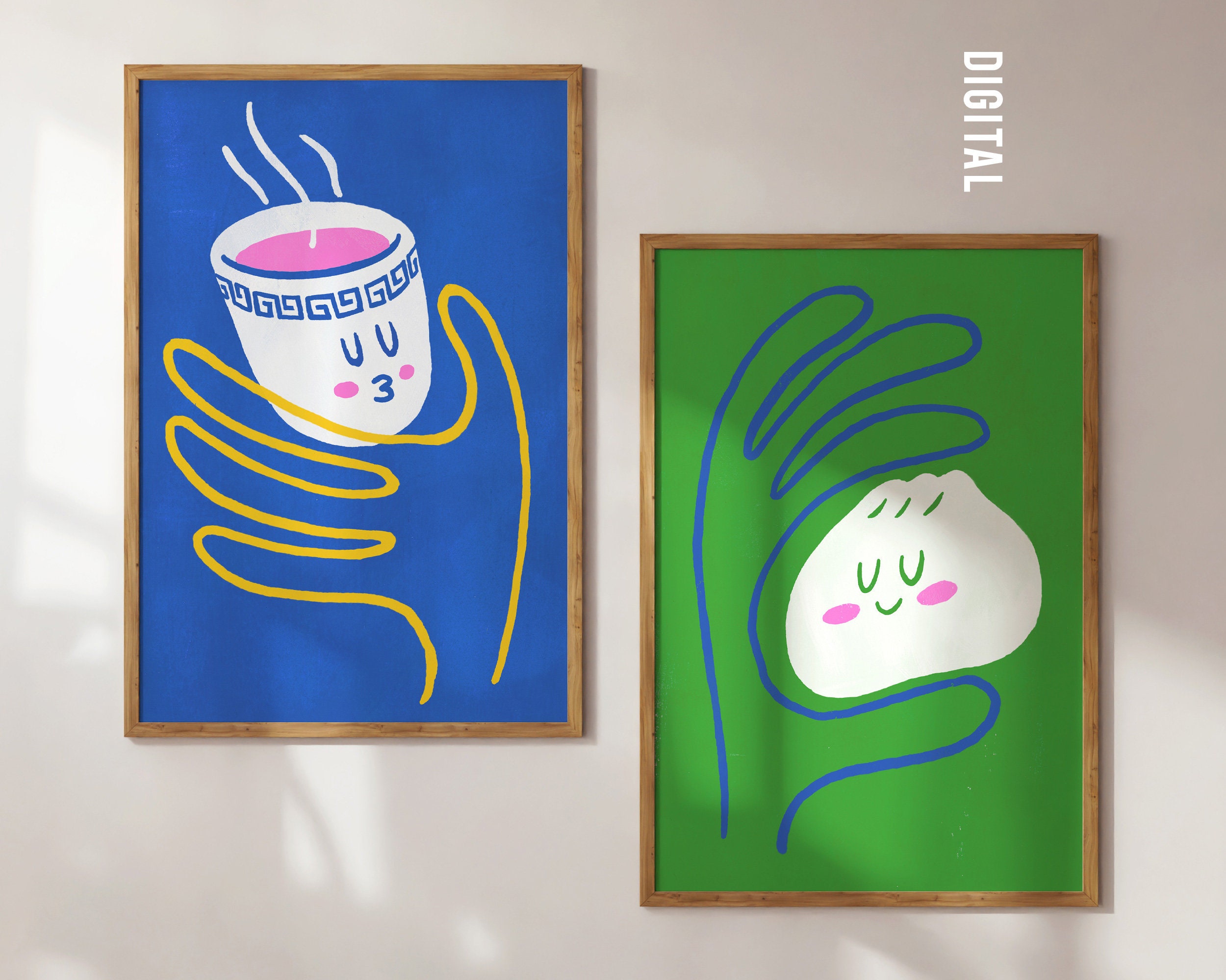 Tea and Bao - Set of 2 Printable Wall Art, Asian Colourful Modern Style, Foodie Poster, Unique Gift, Whimsical Kitchen Decor