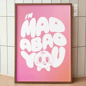 Arte mural ilustrado de comida asiática Bao de estilo moderno, póster de comida Dim Sum, regalo único, decoración del hogar Love Kawaii, impresión artística tipográfica Mad Abao You