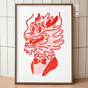 Póster gráfico del zodiaco chino, arte de pared ilustrado del señor Dragón, imprimible, estilo moderno, regalo divertido y único, impresión artística caprichosa