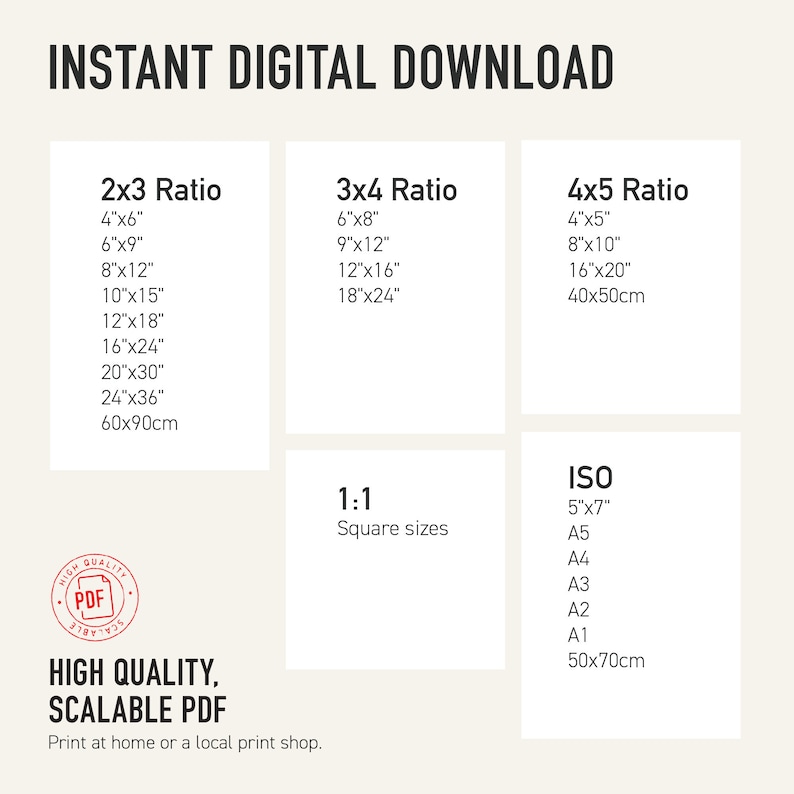 Puede incluir: Una gu&iacute;a de descarga digital para im&aacute;genes imprimibles en diferentes proporciones y tama&ntilde;os. La gu&iacute;a incluye los tama&ntilde;os 2x3, 3x4, 4x5, 1:1 e ISO con las medidas correspondientes en pulgadas y cent&iacute;metros. La gu&iacute;a tambi&eacute;n incluye un logotipo de PDF de alta calidad.