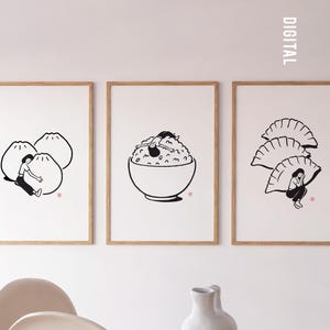 Puede incluir: Tres ilustraciones en blanco y negro de personas dentro de diferentes tipos de albóndigas asiáticas. La primera ilustración muestra a una persona dentro de un gran bao bun. La segunda ilustración muestra a una persona dentro de un tazón de arroz. La tercera ilustración muestra a una persona dentro de una gran albóndiga.