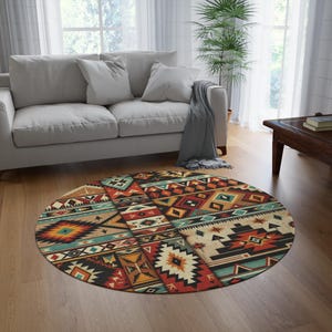 Aztec Pattern Round Rug, Bohemian Decor, Living Room Accent, Tribal Area Mat, Minimalist Home Accessories, Gift for Housewarming
