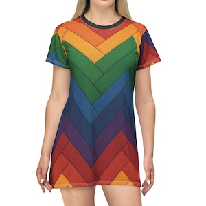 Vibrant Chevrons T-Shirt Dress, Colorful Summer Dress, Casual Everyday Wear, Festival Style, Unique Gift Idea