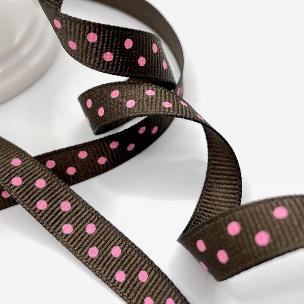 Brown with Pink Printed Polka Dots-- 3/8  Grosgrain Ribbon by the yard