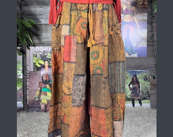 Cotton Patchwork Super Wide Leg Pants with elasticized waist ad pockets