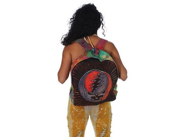 Boho Hippie Grateful Dead Cotton Stonewash Razor Cut Backpack with Tie Dyed Back and Steal Your Face Applique and Two Side Pockets