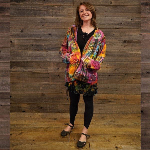 Boho Hippie schwere Baumwolle Gherri + Print Patchwork Zip Up Jacke Tie Dye w / Taschen