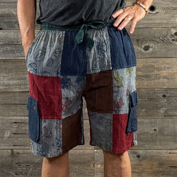 Hippie Grateful Dead Men's Cotton Patchwork Solid & GD Print Shorts