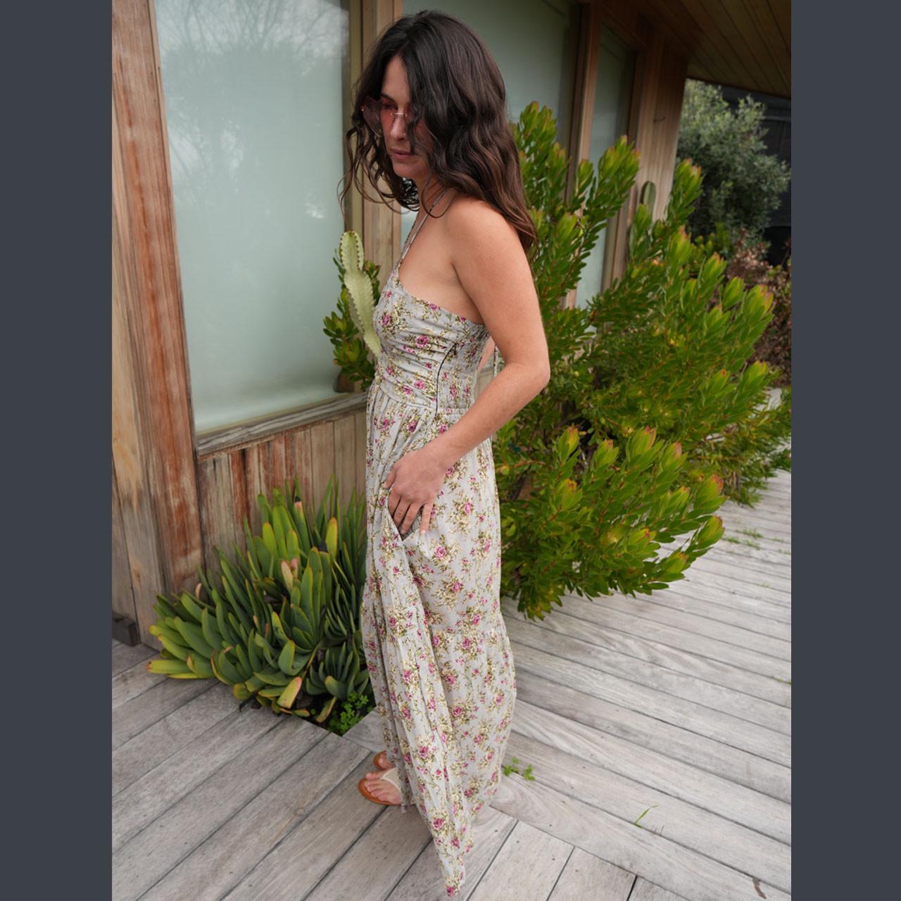 Rose Bud Maxi Dress Cotton Drawstring Halter Maxi Dress With 